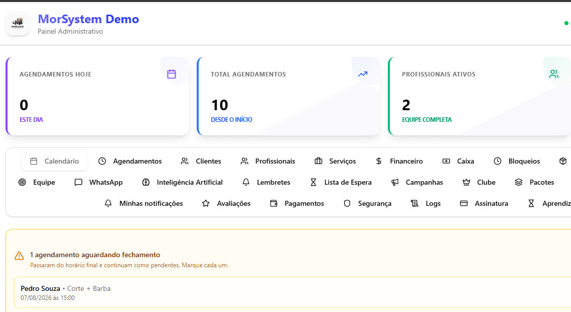 Interface do MorSystem — plataforma de gestão e agendamento