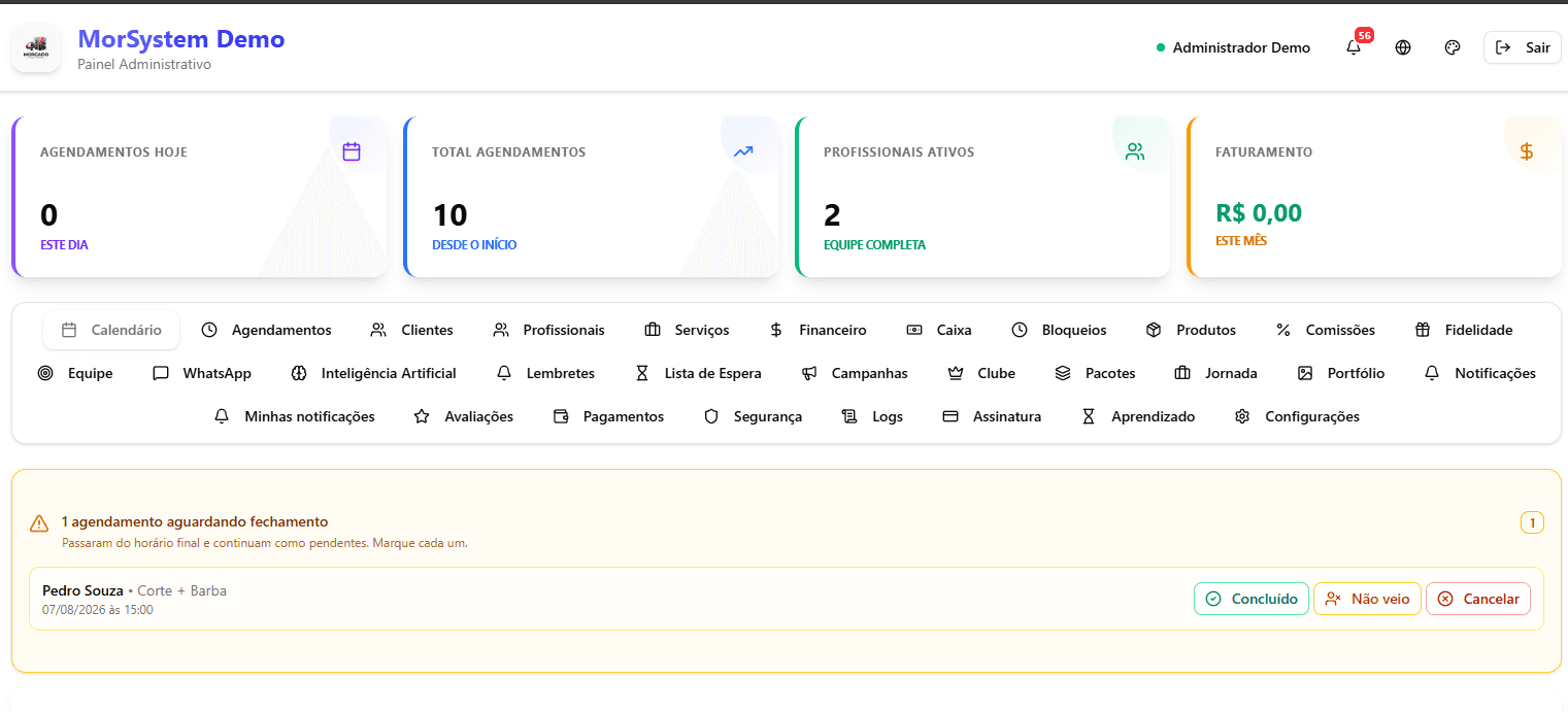 Interface do MorSystem — plataforma de gestão e agendamento